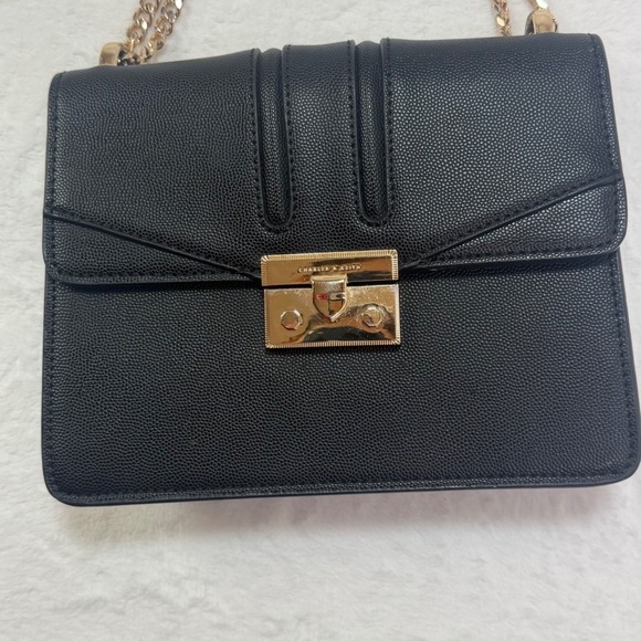 Charles Keith Handbags - Charles Keith Black Textured Shoulder Bag Gold Chain Flap Turn Lock